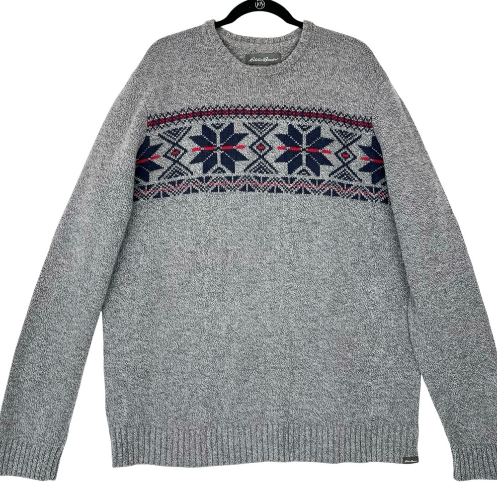 Eddie Bauer Knit Sweater Fair Isle Wool Acrylic Blend Mens Size Tall XL Gray